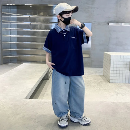 Boys Summer Clothing Set Children Short-Sleeve Polo Shirt Top+ Denim Pants Two-Piece Set 2025 New