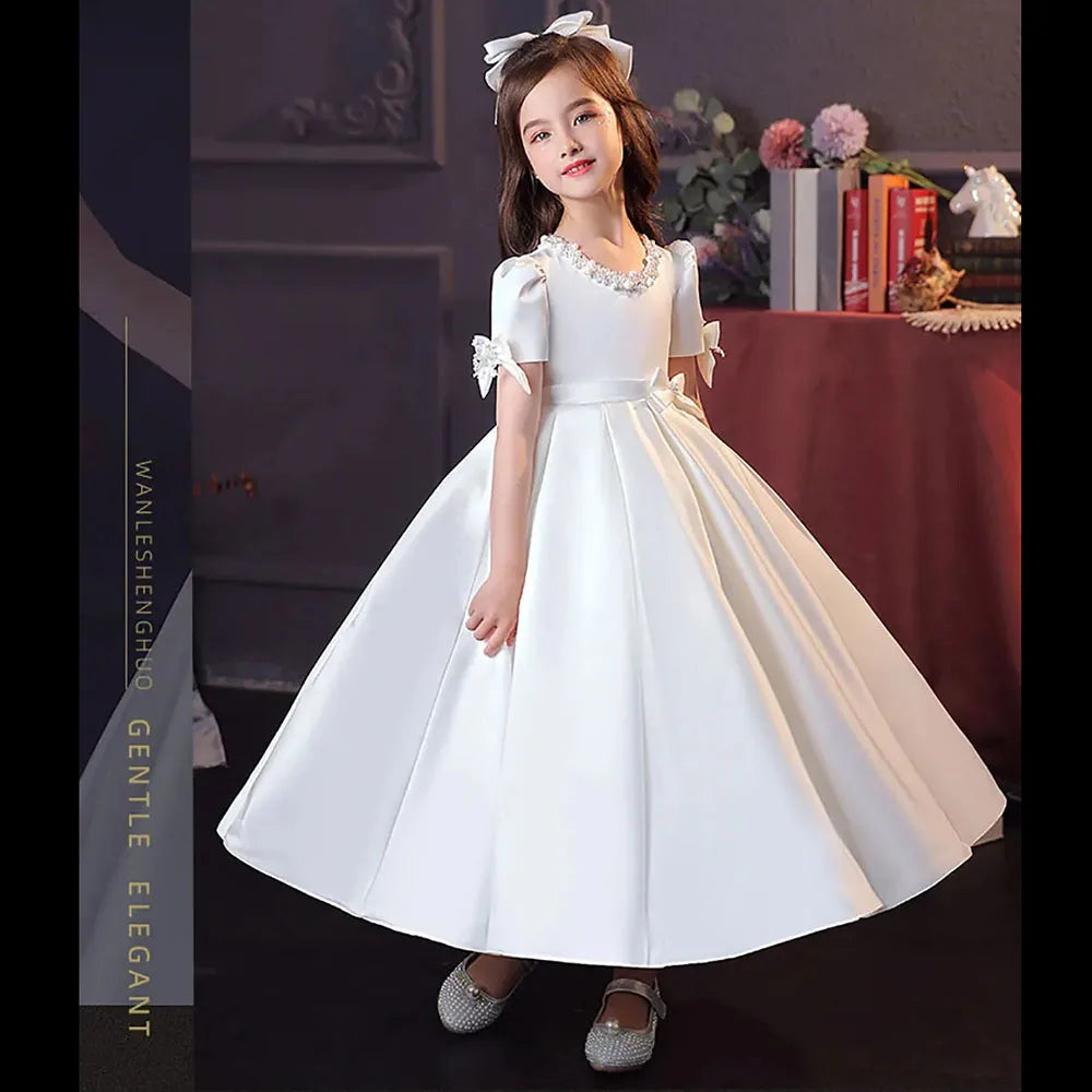 Little Girls White CeremonY Communion Dress Kids Birthday Party Ball Gown Girls School Piano Performance Dresses Fromal Beaded
