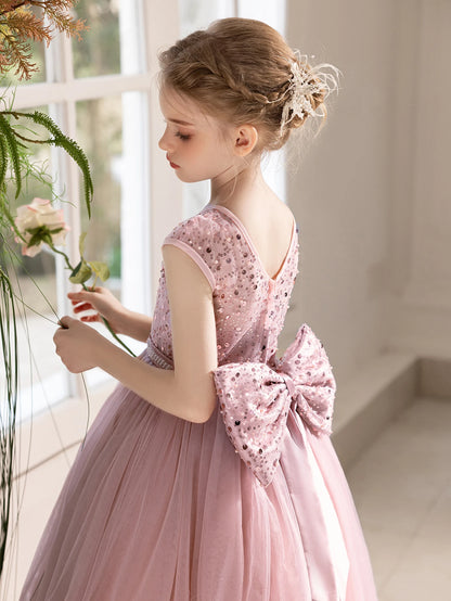 Girl Party Dress Long Pink Gown with Big Bow Evening Dress Puffy Gauze Girl Princess Dress