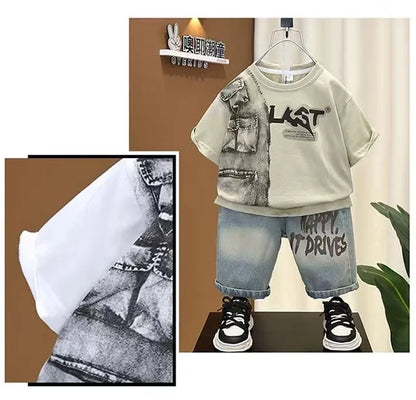 Boys Summer Clothing Set 2024 New Handsome Children's Short Sleeved Clothes Trendy Baby T-shirt Jeans Thin Two-piece Set