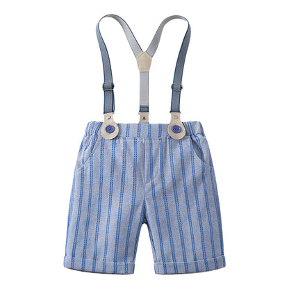 Baby Boys Summer Short Sleeve Lapel Bow Tie Romper with Suspender Shorts Beret Christening Birthday Wedding Party Gentlemen Suit