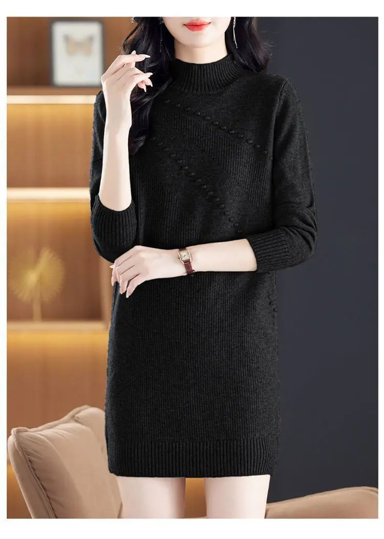 New Vintage Autumn Women's Clothing Half Turtleneck Warm Winter Sweater Dress Long Sleeve Pollovers Top Female Knitwear Jumper