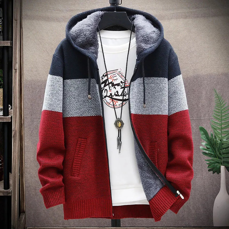 2025 Autumn Winter Fleece Hooded Sweatercoat Striped Knitted Cardigan Men Warm Casual Sweater Jackets Thick Knit Windbreaker Man