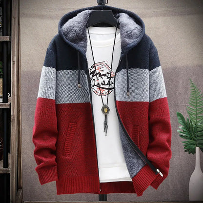 2025 Autumn Winter Fleece Hooded Sweatercoat Striped Knitted Cardigan Men Warm Casual Sweater Jackets Thick Knit Windbreaker Man