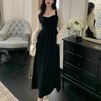 New Summer Women Elegant Black Suspender Dress Lady Concise Beach Prom Goddess Dress Female Classic Backless Ruched Long Dress