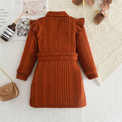 Girls' Woolen Dress 2023 New Children's Autumn Winter New High Neck Flying Sleeve Lace up Knitted Long Sleeve Dress