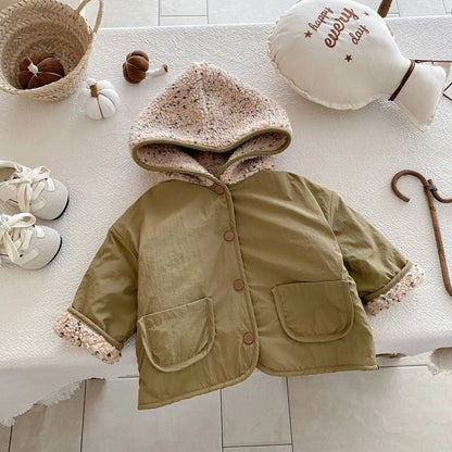 Kids Winter Jacket for Boy 1-6Y Girls Children's Coats Reversible Hooded Jacket Thickened Fleece Lined 2 Way Wear Warm Outerwear
