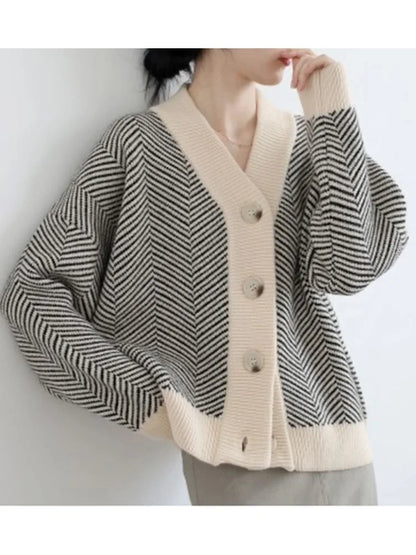 Winter Women Casual Striped Loose Cardigan Sweater V Neck Bottons Sweater Autumn Long Sleeve Knitted Coat Elegant Winter Clothes