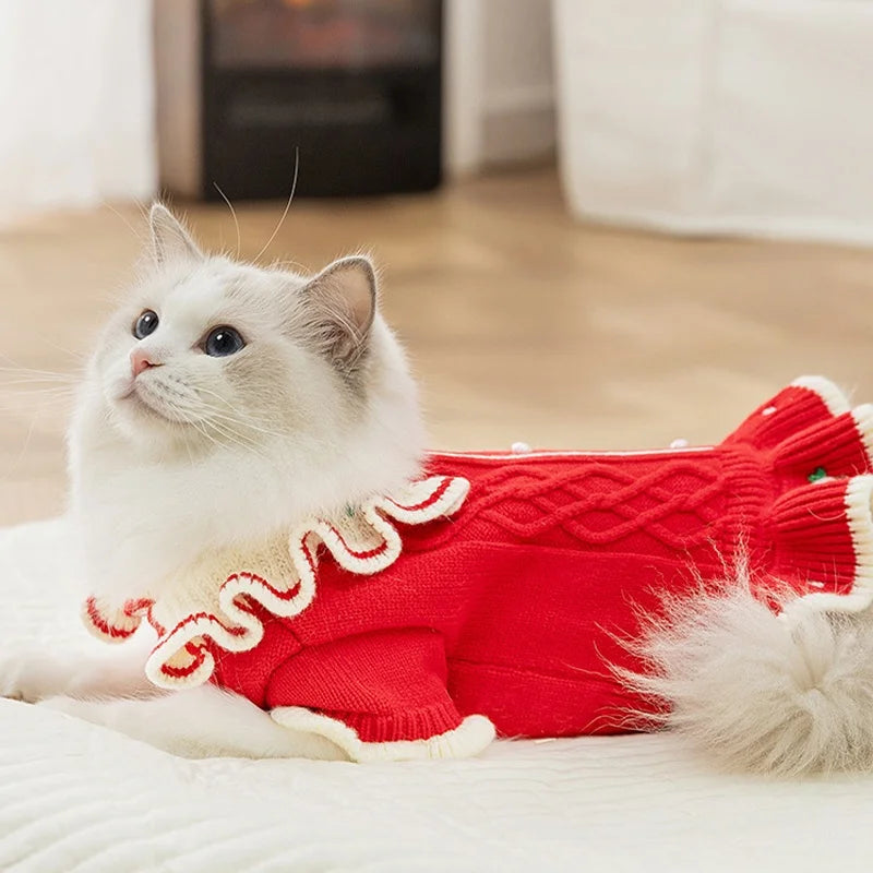 Winter Warm Pet Dog Clothes Luxury Dog Knitten Dress Cute Soft Puppy Princess Skirt Flower Print Cat Dresses Pet Sweater Clothes