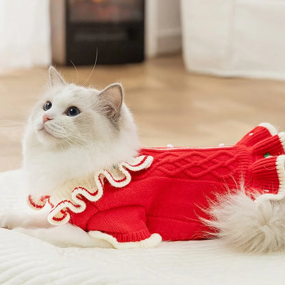 Winter Warm Pet Dog Clothes Luxury Dog Knitten Dress Cute Soft Puppy Princess Skirt Flower Print Cat Dresses Pet Sweater Clothes