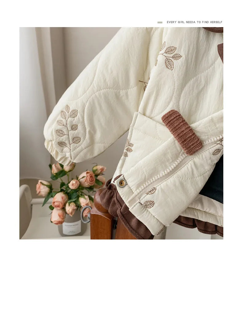 Winter Girls Coat Kids Baby Parkas Cotton Padded Plus Velvet Thickened Warm Children's Coat Solid Girls Embroidery Jacket