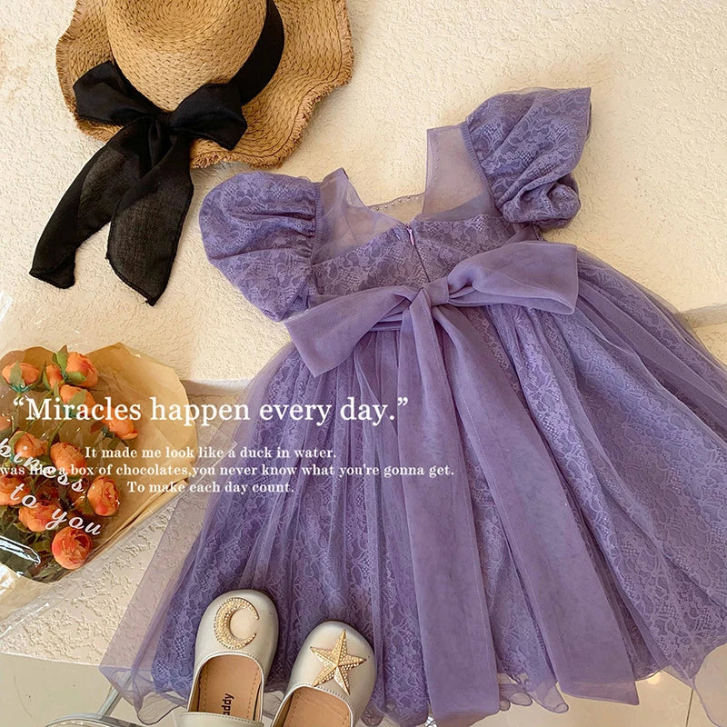 New Girls Party Dress Summer Elegant Princess Dress Purple Mesh Dress 1-9 Years Kids Bow Birthday Party Clothes