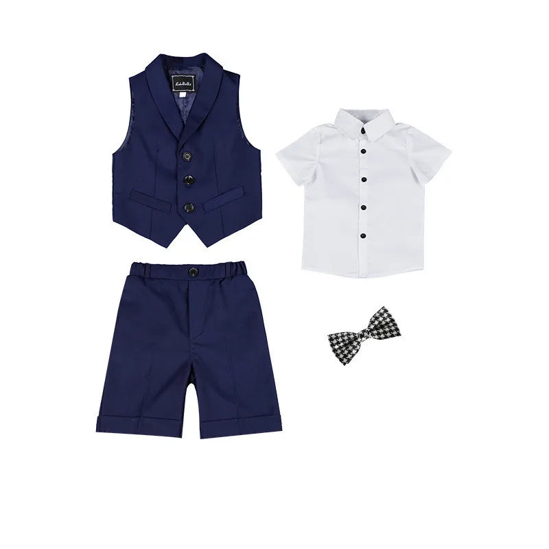 Boys Summer Vest Shirt Shorts Formal Dress Kids Candy Color Waistcoat Wedding Clothes Sets Child Uniforms Toddler Tuxedo Costume
