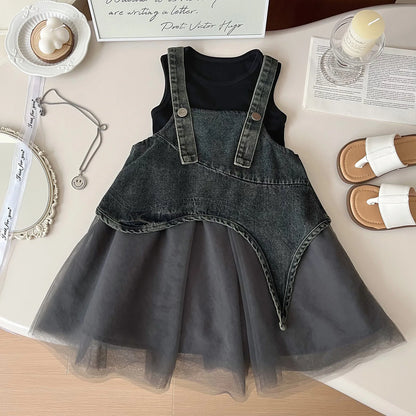 Girls Summer Dress 2025 New Summer Strap Dress Children Princess Denim Fashion Yarn Patchwork Dress