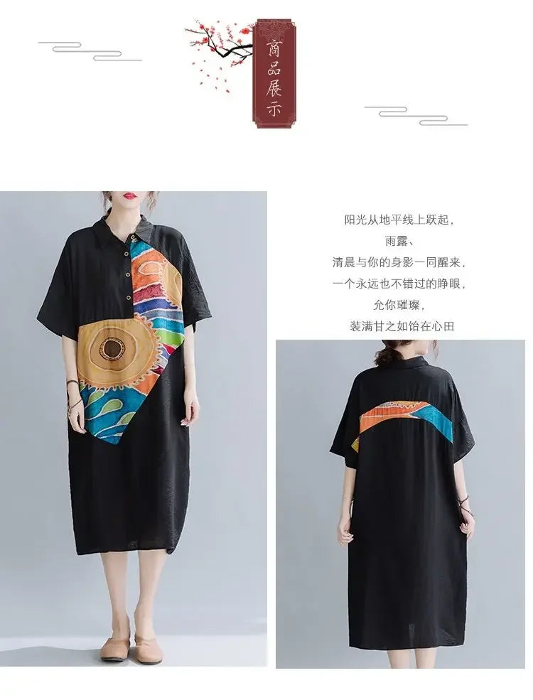 Women Summer Clothing 2025 New Style Literary Splicing Loose Printed Button Splicing Shirt Dress