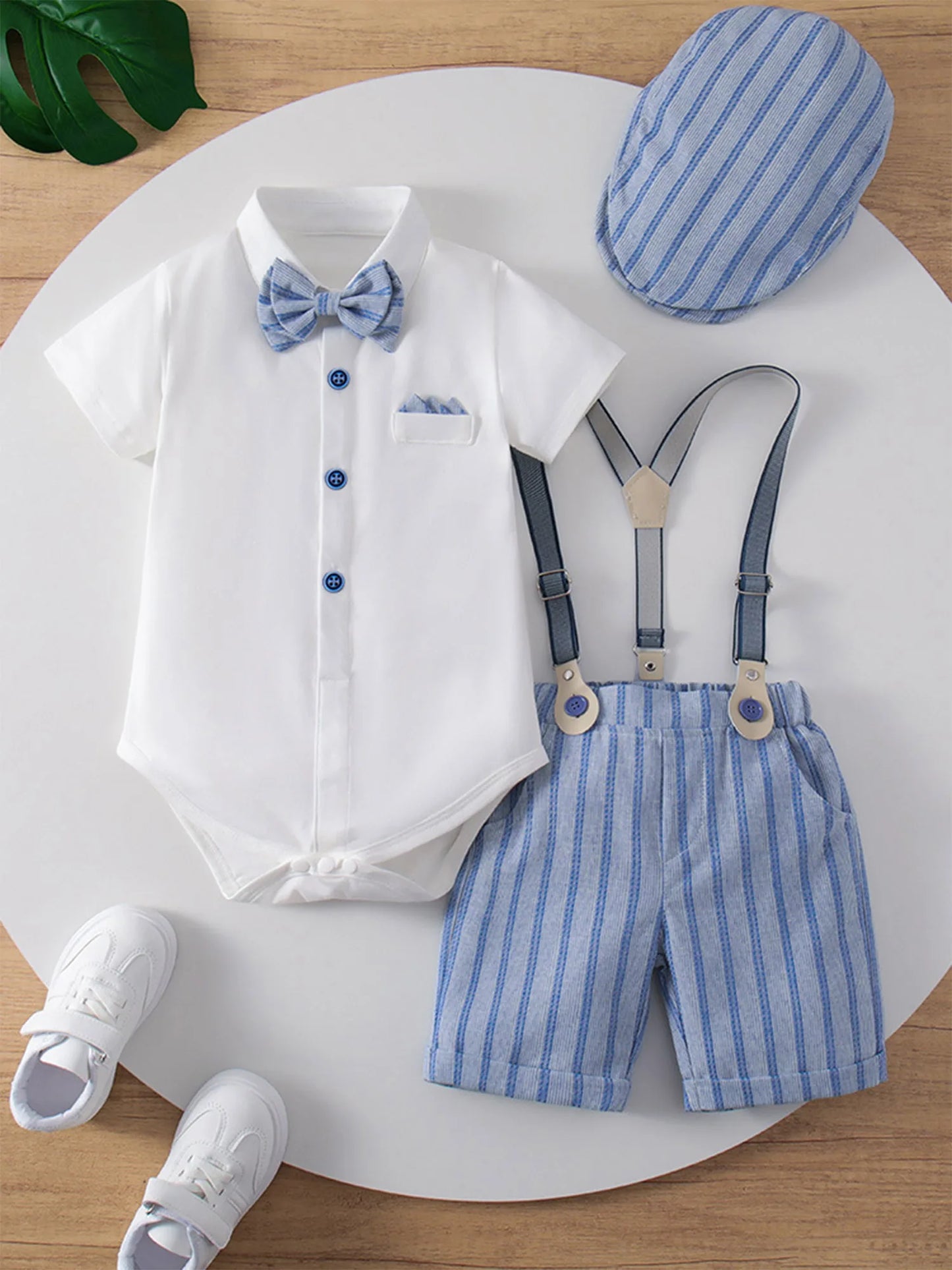 Baby Boys Summer Short Sleeve Lapel Bow Tie Romper with Suspender Shorts Beret Christening Birthday Wedding Party Gentlemen Suit
