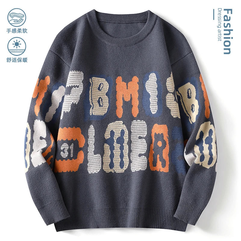 New Graffiti Printed Winter Letter Warm Men's Knitted Sweater Fashion Hoodies Loose Warm Street Autumn Woolen Pullover