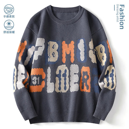 New Graffiti Printed Winter Letter Warm Men's Knitted Sweater Fashion Hoodies Loose Warm Street Autumn Woolen Pullover