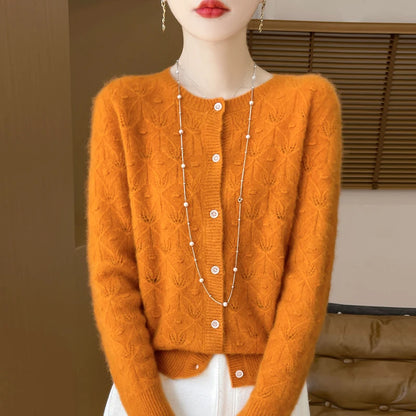 2024 Autumn And Winter New Round Neck Hollowed Out 100 Wool Knitted Cardigan Women's Versatile Coat Loose Casual Sweater DMR281