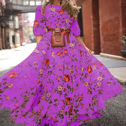 Summer Bohemian Floral Long Dress For Women Casual Holiday Beach Zipper Round Collar Pocket Slim-fitting Swing Robe Vestidos