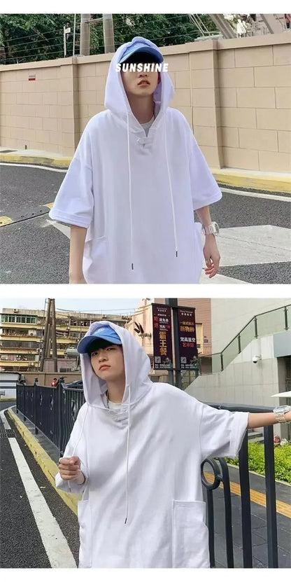 Summer Men's Short-sleeved Sweatshirt with Hat High Street Trend New T-shirt Half-sleeved Hooded Denim T-shirt