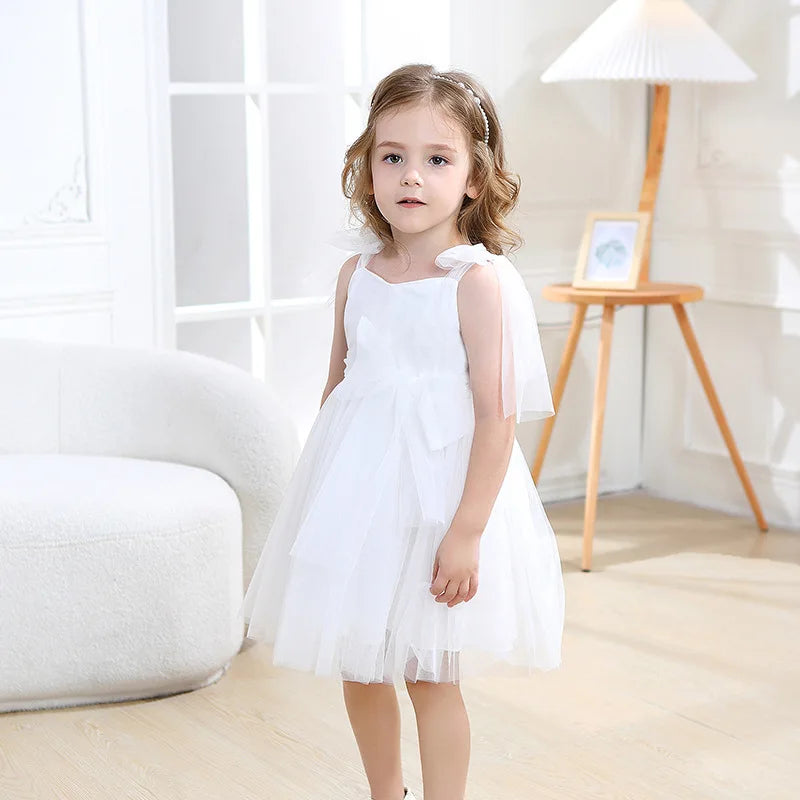 Flower Girl Dresses Pink Tulle Puffy With Bow Sleeveless Toddler Girls Baptism Wedding Birthday Party Dress Leisure Frocks