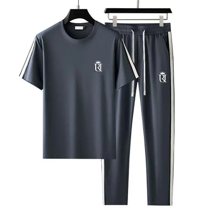 Summer Men's Casual Sportswear Set, Summer Fashion 2-Piece co ord set With Short Sleeve T-Shirt & Side Stripe Pants