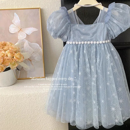 Girls Casual Dresses Summer Dress for Girls Children's Ethereal Puff-Sleeve Tulle Princess Dress Kids Clothes