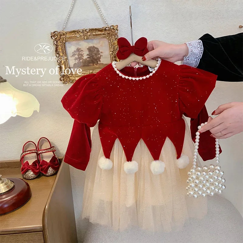Winter Bow Sequin Dress for Girls' 2025 New Fashion Baby Red Christmas Dresses Velvet Patchwork Mesh A-line Princess Dress