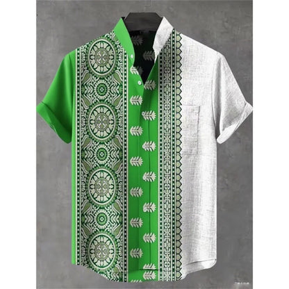 Men's summer shirt, fashionable stand up collar short sleeved cardigan, ethnic tribal printed pocket, linen breathable men's top