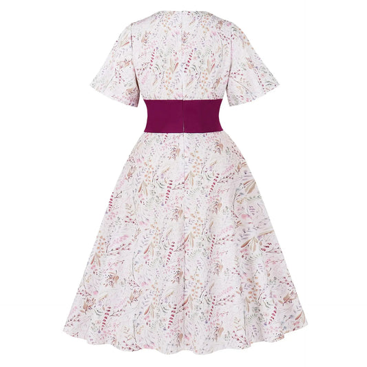 Women's Summer Short Sleeve V-Neck Floral Short Party Dress Vintage Robe Elegant Retro Office Midi Dresses