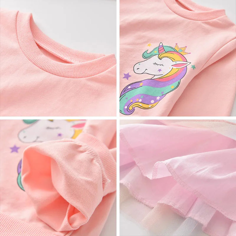 Girl Unicorn Princess Dress 2025 New Winter Girl Dress Children's Unicolor Sweaters + Mesh Dress Set Children's Clothing 2-8Y