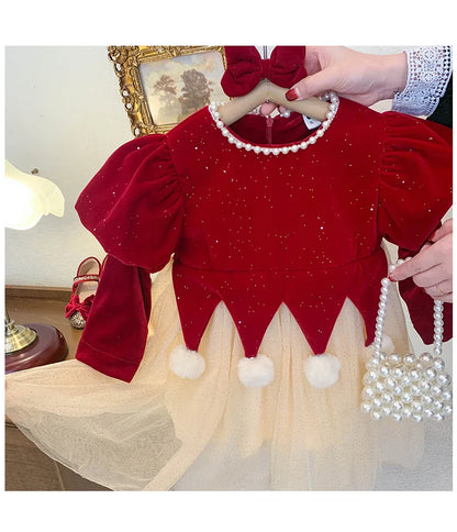 Winter Bow Sequin Dress for Girls' 2025 New Fashion Baby Red Christmas Dresses Velvet Patchwork Mesh A-line Princess Dress