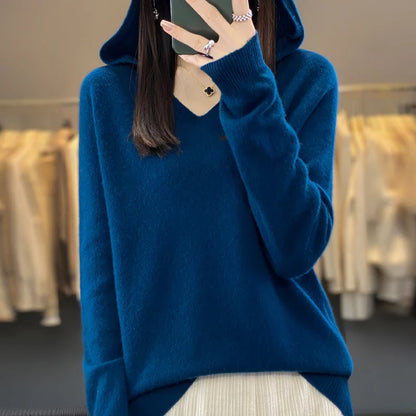 2024 100% Merino Pure Wool V-neck Hoodie Autumn/Winter Hoodie New Cashmere Sweater Women's Casual Knitted Top DMR207