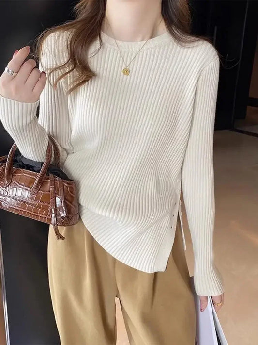 2025 Women Sweater Pullovers Khaki Casual Autumn Winter Split Fork Button Chic Sweater Female Slim Knit Top Soft Jumper Tops