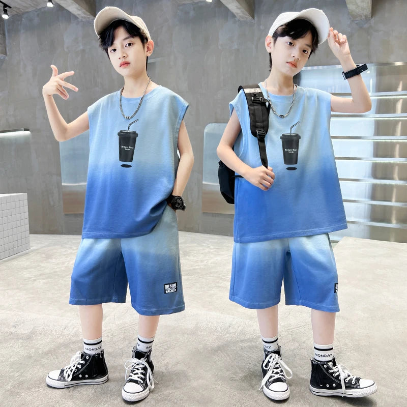 Fashion Boys Summer Top and Bottom set Clothing for Kids Child Casual Sleeveless Tshirt And Shorts Two Pieces Tracksuit Outfit