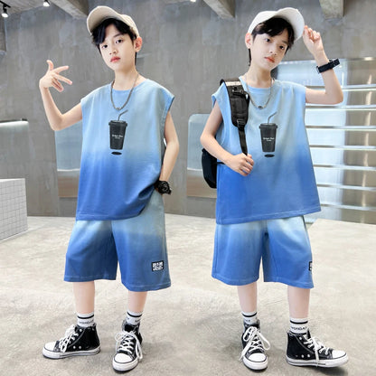 Fashion Boys Summer Top and Bottom set Clothing for Kids Child Casual Sleeveless Tshirt And Shorts Two Pieces Tracksuit Outfit