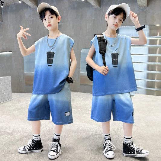 Fashion Boys Summer Top and Bottom set Clothing for Kids Child Casual Sleeveless Tshirt And Shorts Two Pieces Tracksuit Outfit