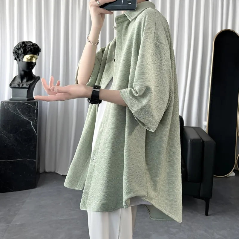 Summer Cool Men Short-sleeved Shirt Solid Color Fashion Plicated Casual Loose Button Shirt Male Clothing Tops