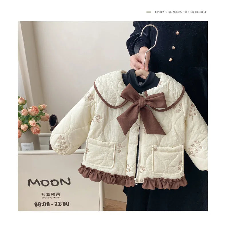 Winter Girls Coat Kids Baby Parkas Cotton Padded Plus Velvet Thickened Warm Children's Coat Solid Girls Embroidery Jacket
