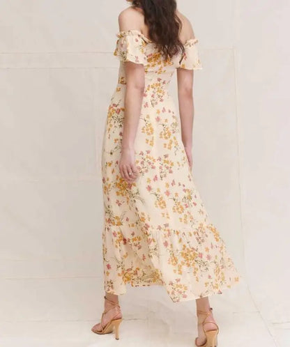 Summer Retro Elegant Elastic off Shoulder Long Dresses France Beige Floral Print Vintage Back Zipper Women Summer Dress
