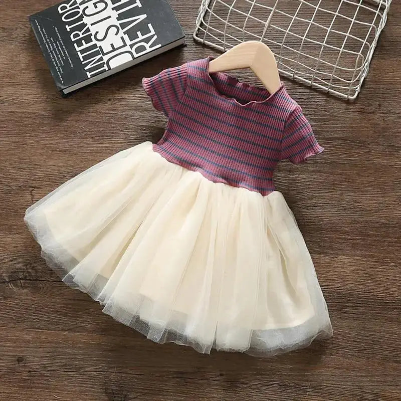 Girls' Summer Dress 1-6Y Children's Striped Short Sleeved Patchwork Mesh Dress Korean Girls Clothing Kid's Outfit