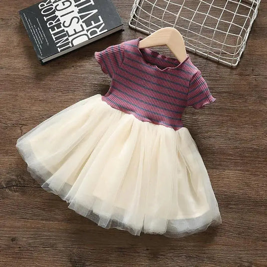 Girls' Summer Dress 1-6Y Children's Striped Short Sleeved Patchwork Mesh Dress Korean Girls Clothing Kid's Outfit
