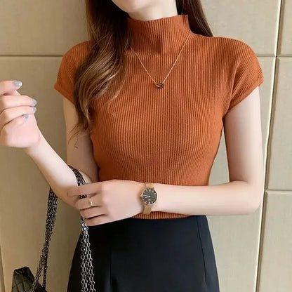 Sleeveless Mock Neck Knit Top for Women Stretchy Rib-knit Pullovers Sweater Layered Tops Female Spring Summer Basic Outfit