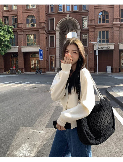 Zjaiss 2025 Autumn Winter Elegance Solid Color V-neck Sweater Knitted Casual Cardigan Unique And Niche Slim Fit Tops