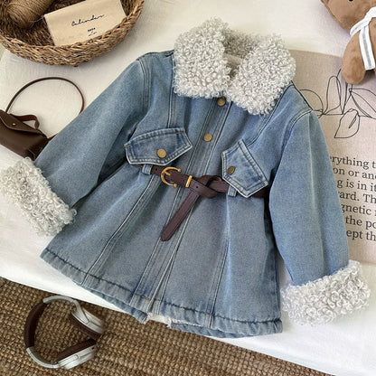 Winter Girls Thick Demin Coats Baby Plus Velvet Warm Outerwear With Belt Kids Princess Designed Long Jackets Children Clothes