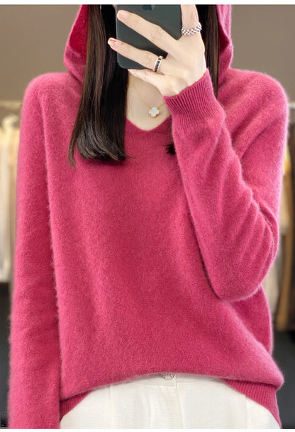 2024 100% Merino Pure Wool V-neck Hoodie Autumn/Winter Hoodie New Cashmere Sweater Women's Casual Knitted Top DMR207