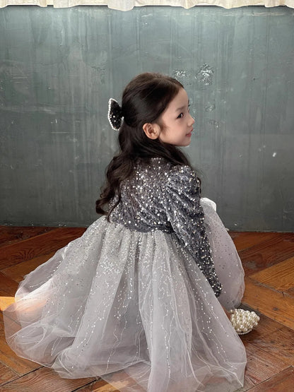 Winter Baby Girls Sequin Work Fleece Lined 4-Layer Mesh Zip Back Dresses with Head Veil Kids Outfit Children Sweet Skirt 2-8 Yr