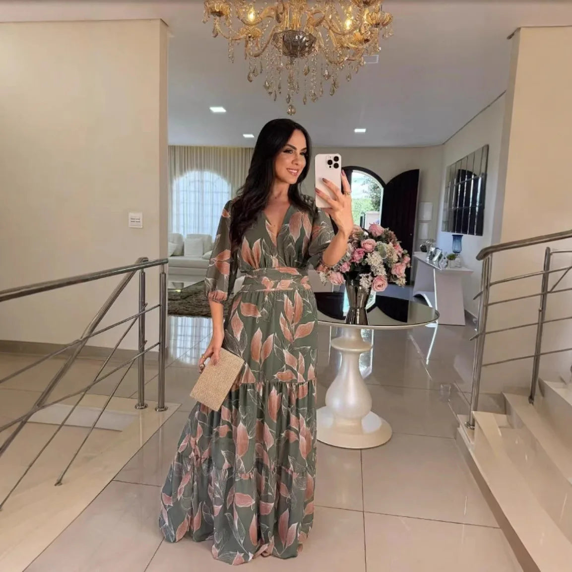 Summer Women Dresses Floral Print Ruffles Boho V-neck Short Sleeve Casual Loose Beach Dress Elegant Holiday Maxi Long Dress Robe