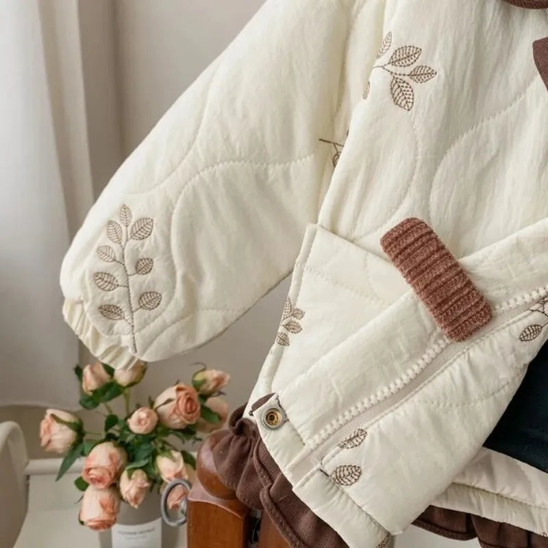 Winter Girls Coat Kids Baby Parkas Cotton Padded Plus Velvet Thickened Warm Children's Coat Solid Girls Embroidery Jacket